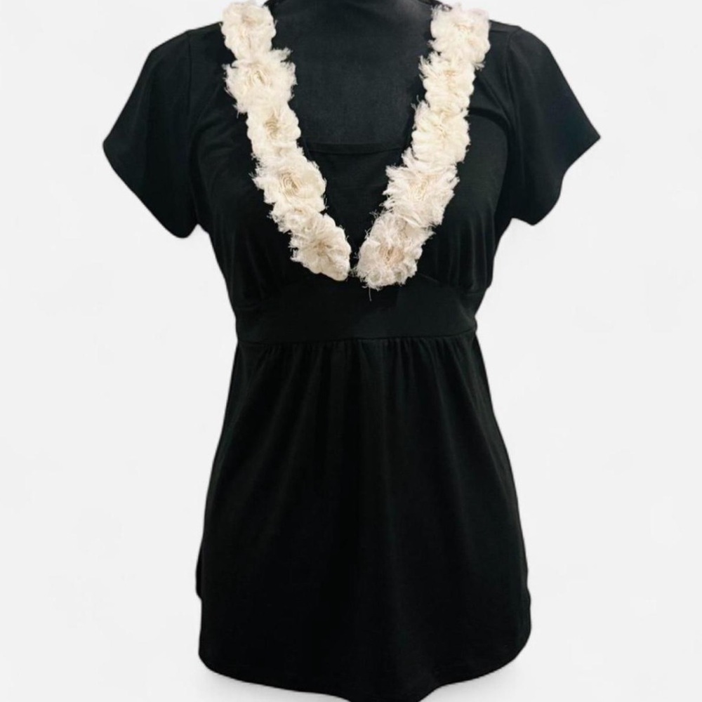 New Directions Black Rosette Trim V-Neck Tie-Back Blouse Y2K Size Petite Large